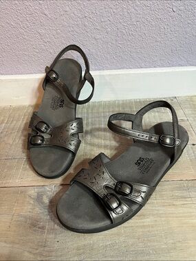 SAS Pewter Green Leather Tripad Comfort/Buckle Adjustable Straps Sandals Sz 8.5